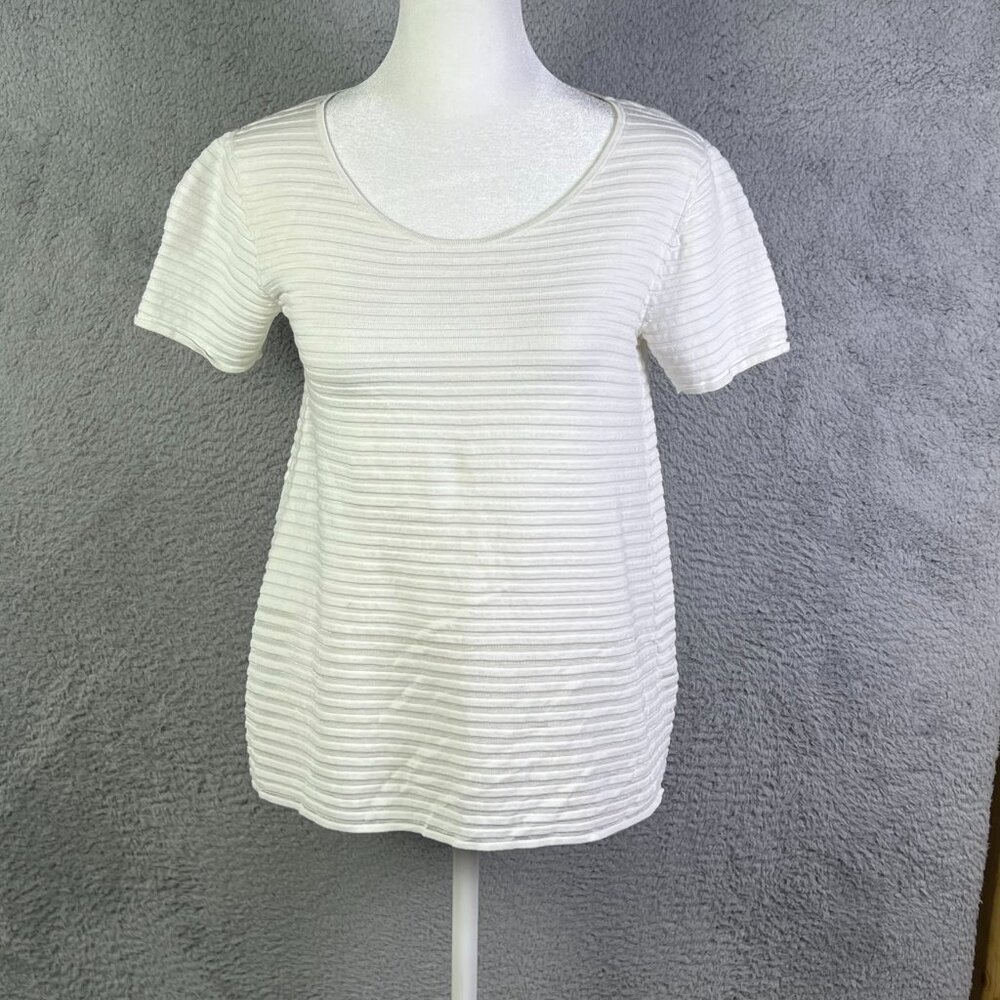 Lafayette 148 New York Top Women P White Textured SS Round Neck Classic Business